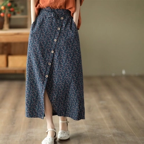 Breathable Design Label Free Spring Autumn Retro Floral Split Cotton Skirt