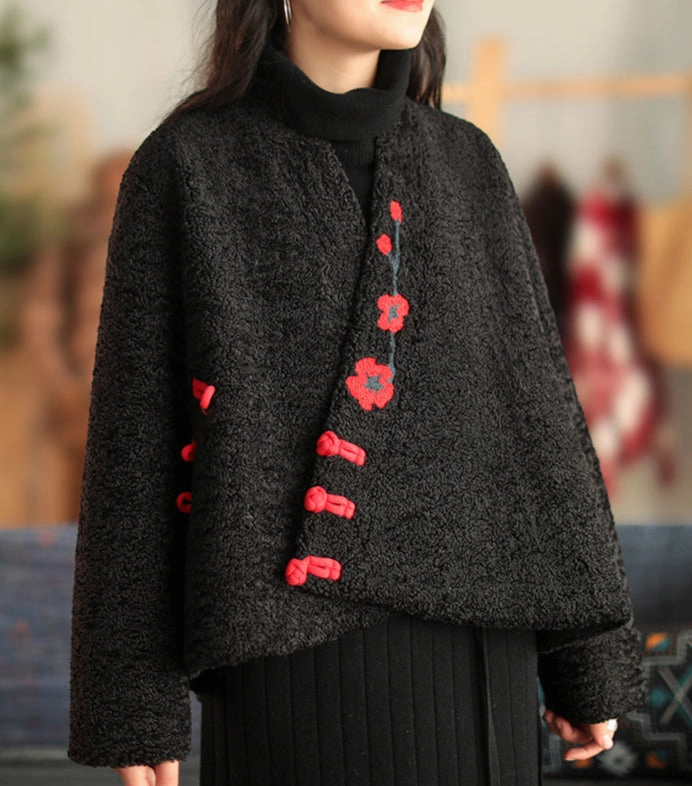 Anti Static Inner Layer Women Ethnic Style Wool Suede Lining Cross-Over Warm Coat