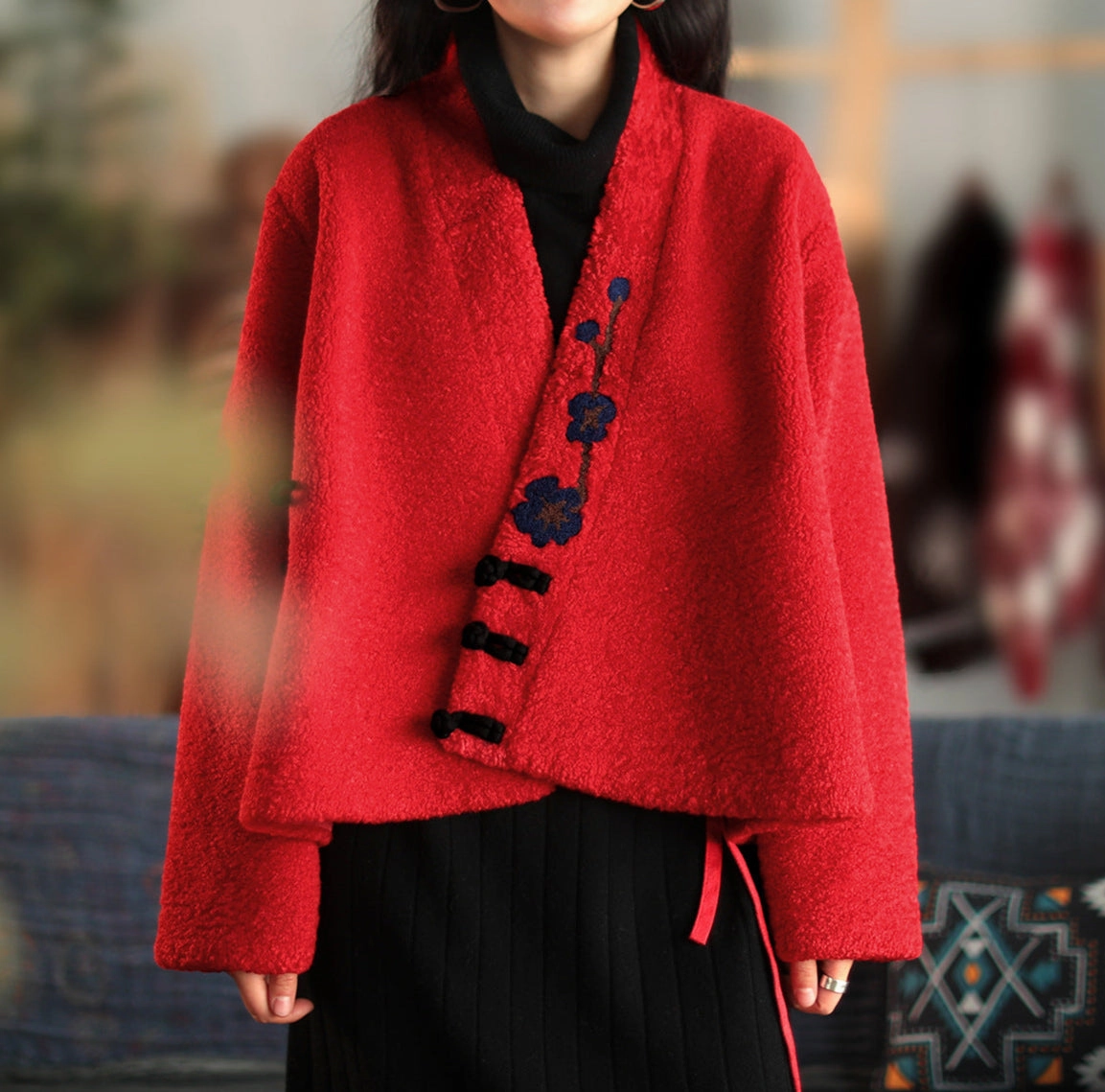 Women Ethnic Style Wool Suede Lining Cross-Over Warm Coat Lightweight Packability