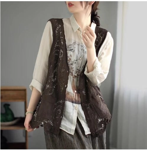 Tear Resistant Knit Women Retro Hollow Lace Cotton Vest