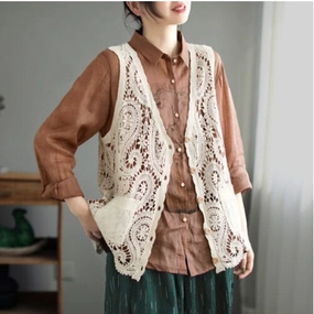 Women Retro Hollow Lace Cotton Vest Essential Style Classic Fit Cut