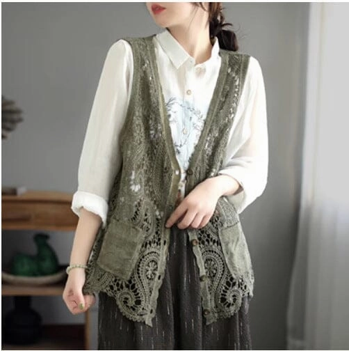 Water Resistant Design Women Retro Hollow Lace Cotton Vest