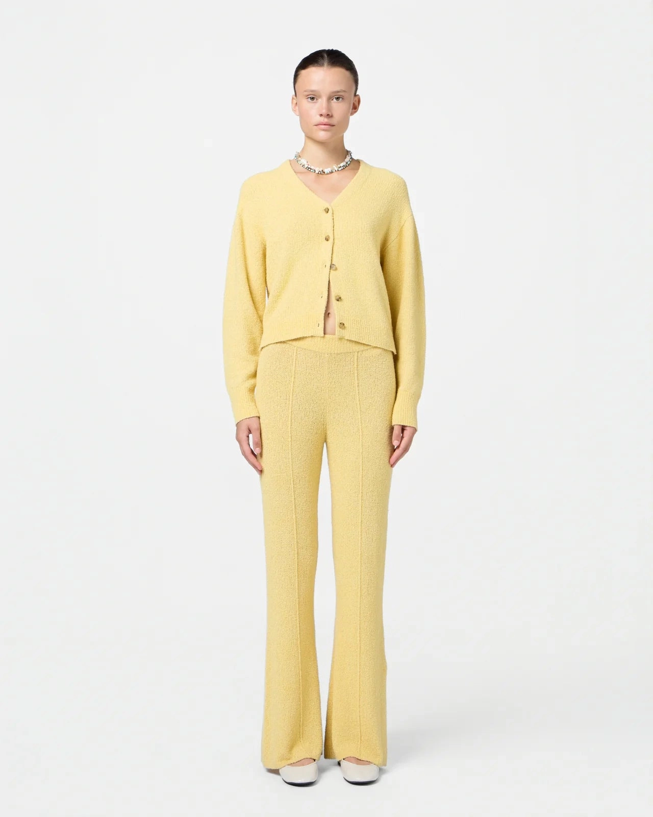 MicroPerforated Details Boucle Collegiate Cardigan in Butter