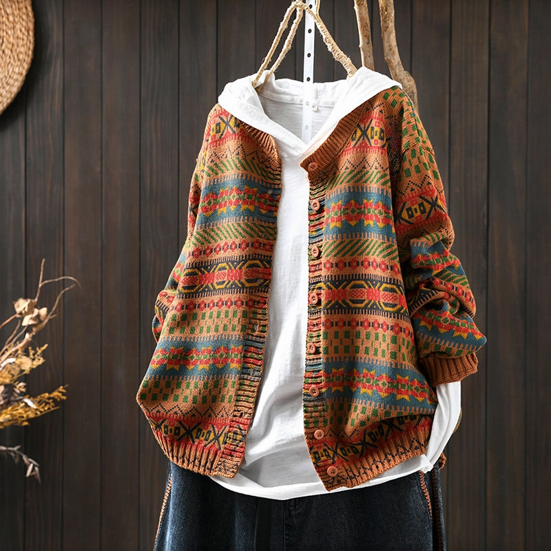 Women Spring Retro Cotton Knit Printed Casual Loose Cardigan Reflective accents Asymmetric Hemline