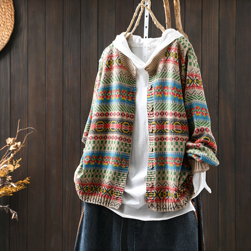 Taped Seam Technology Women Spring Retro Cotton Knit Printed Casual Loose Cardigan