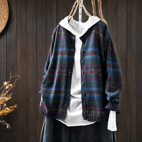 Flexible Fleece Lining Airy Cloth Women Spring Retro Cotton Knit Printed Casual Loose Cardigan