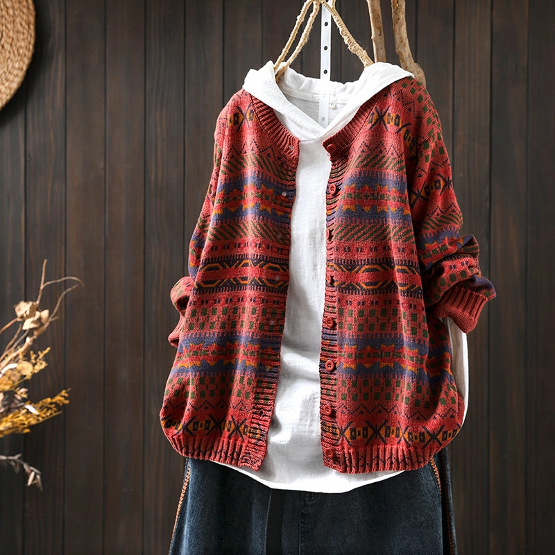 Cold Outfit Women Spring Retro Cotton Knit Printed Casual Loose Cardigan