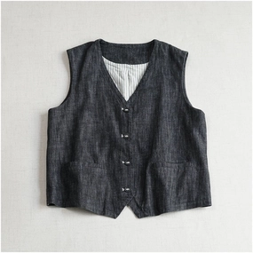 Versatile Retro Cotton V-Neck Patchwork Black Single Breasted Vest Soft Lined Interior