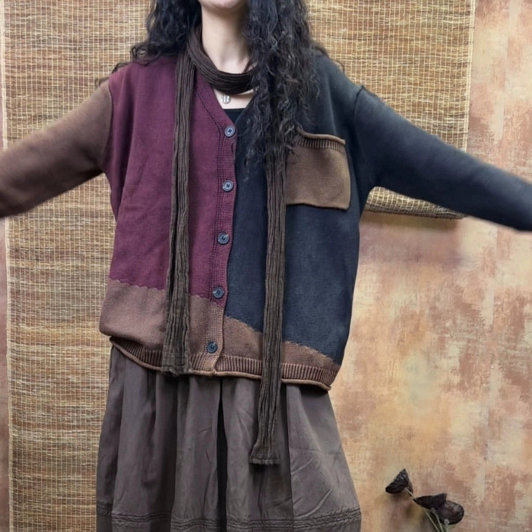 Autumn Retro Cotton V-Neck Casual Loose Patchwork Cardigans Tear Resistant Weave Cold Outfit