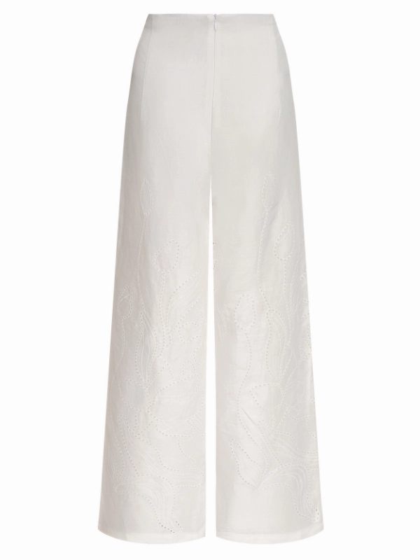 hypoallergenic Sweat Absorbing Sue?o Botanico Embroidered Linen Wide-Leg Pants in Off White