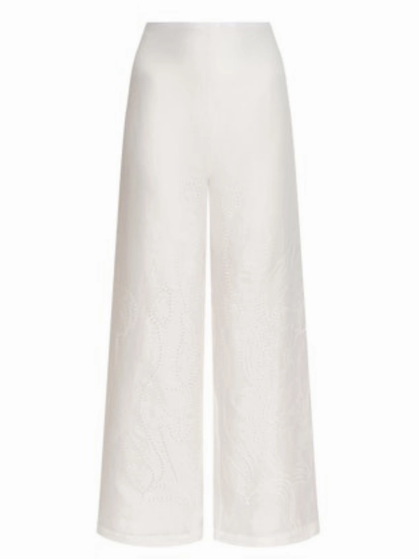 Catch Resistant Guaranteed Pockets Sue?o Botanico Embroidered Linen Wide-Leg Pants in Off White