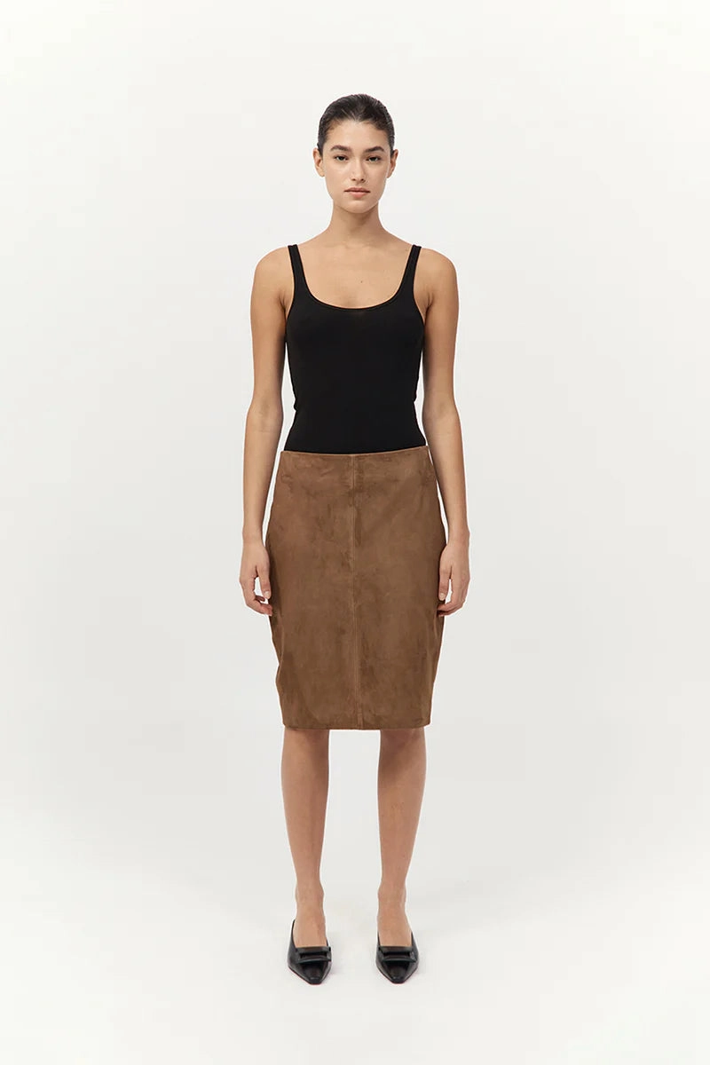 Suede Pencil Skirt in Toffee Travel Friendly