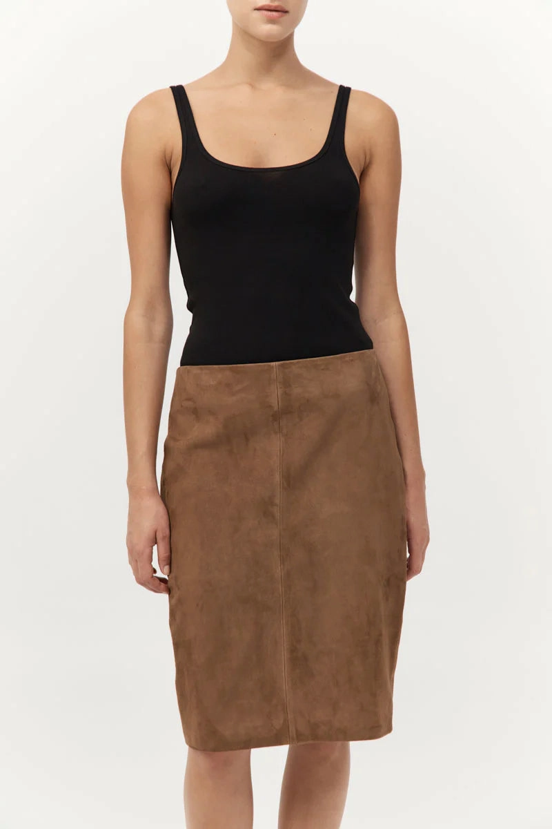 Summer Outfit button detail Suede Pencil Skirt in Toffee