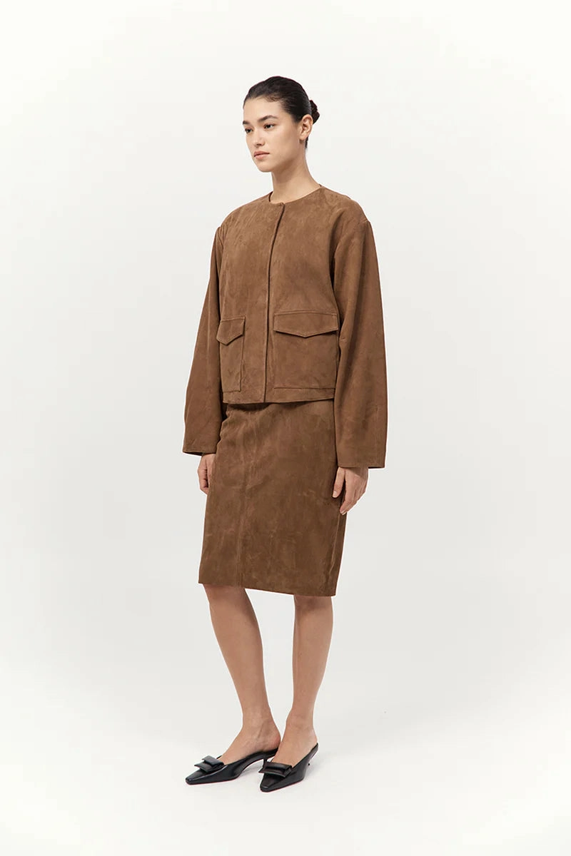 Two Tone Trim Edgy Look Suede Pencil Skirt in Toffee