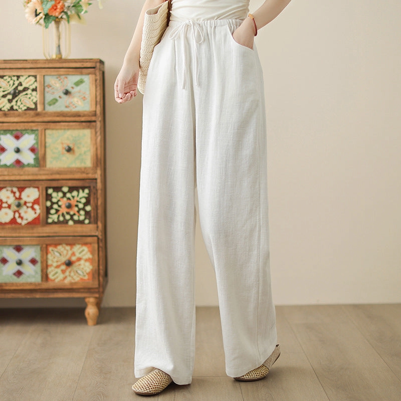 Summer Casual Cotton Linen Elastic Waist Lace-Up Loose Pants All-day Comfort