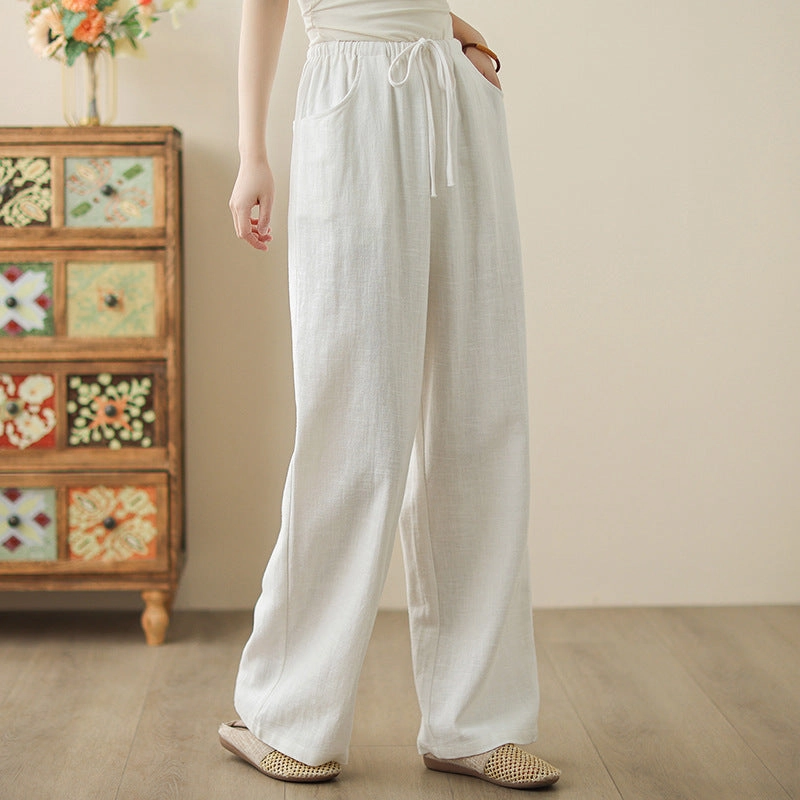 Summer Casual Cotton Linen Elastic Waist Lace-Up Loose Pants Relaxed Fit Supreme Fit