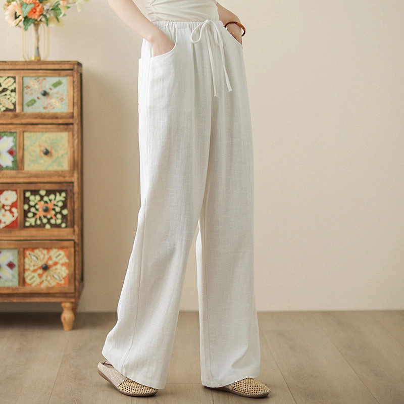 Pure Fabric Ultralight Summer Casual Cotton Linen Elastic Waist Lace-Up Loose Pants