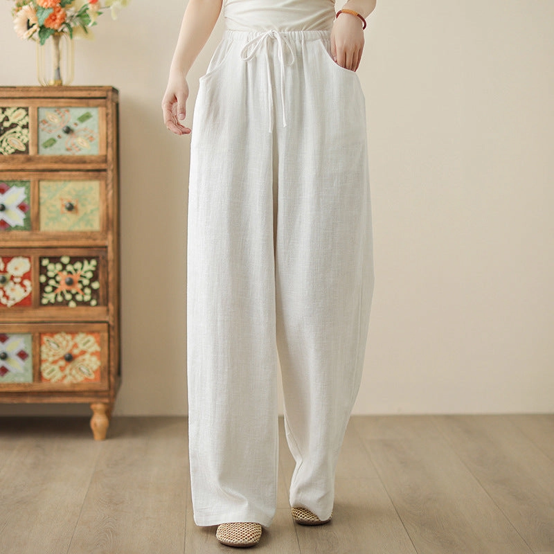 Secure Pockets Comfortable Border Summer Casual Cotton Linen Elastic Waist Lace-Up Loose Pants