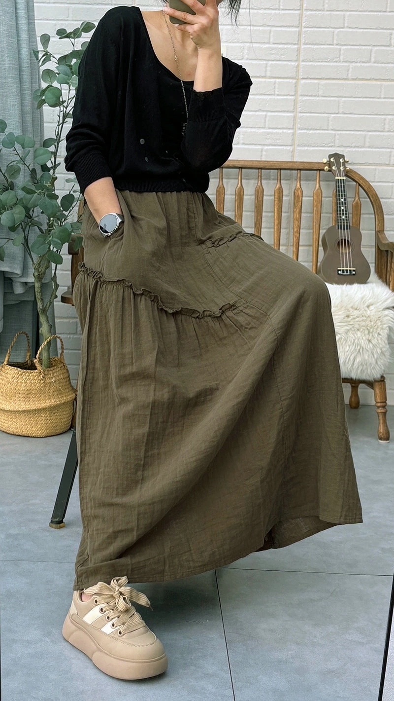 Summer Retro Casual Cotton Versatile Asymmetrical Hem Skirt Colorfast Fabric Breathable Material