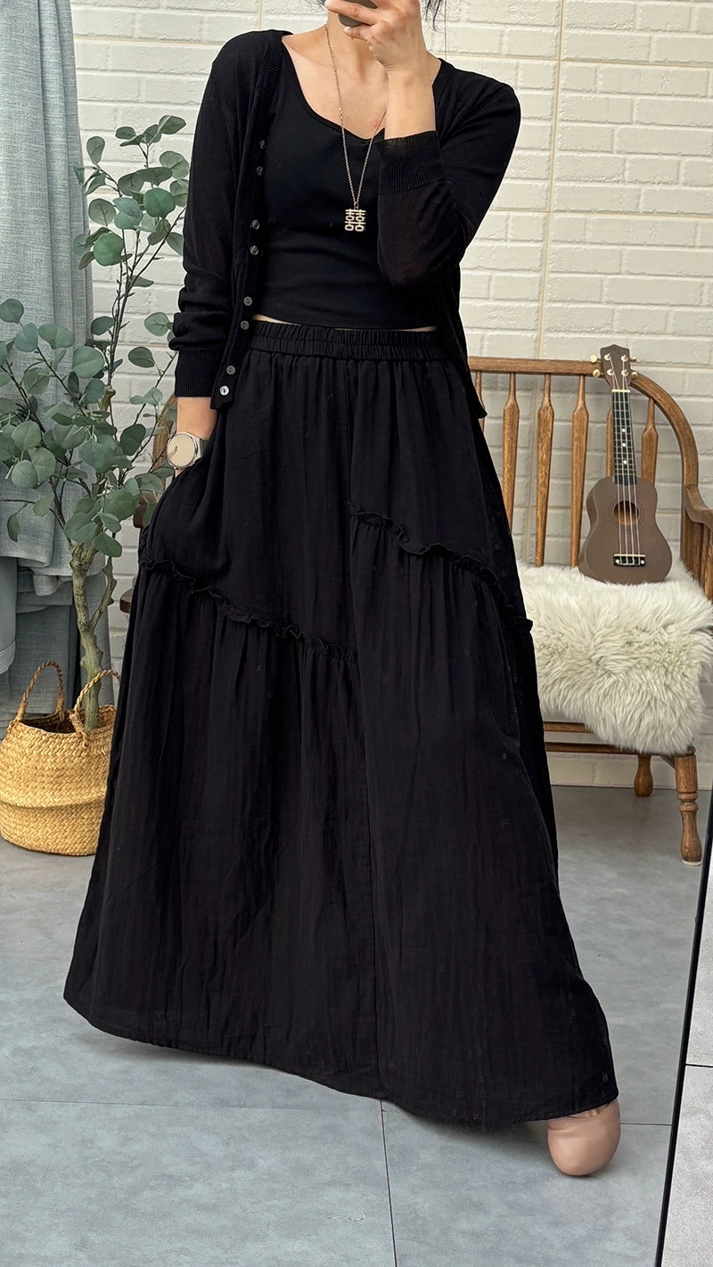 Comfortable Band Durable Build Summer Retro Casual Cotton Versatile Asymmetrical Hem Skirt