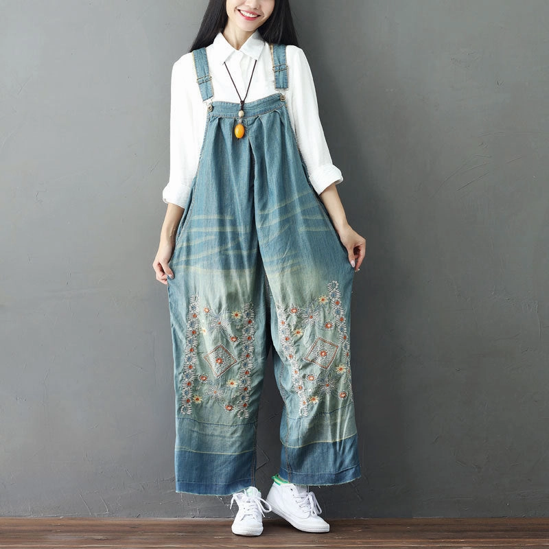 Summer Retro Floral Embroidery Strappy Denim Pants Comfortable fit