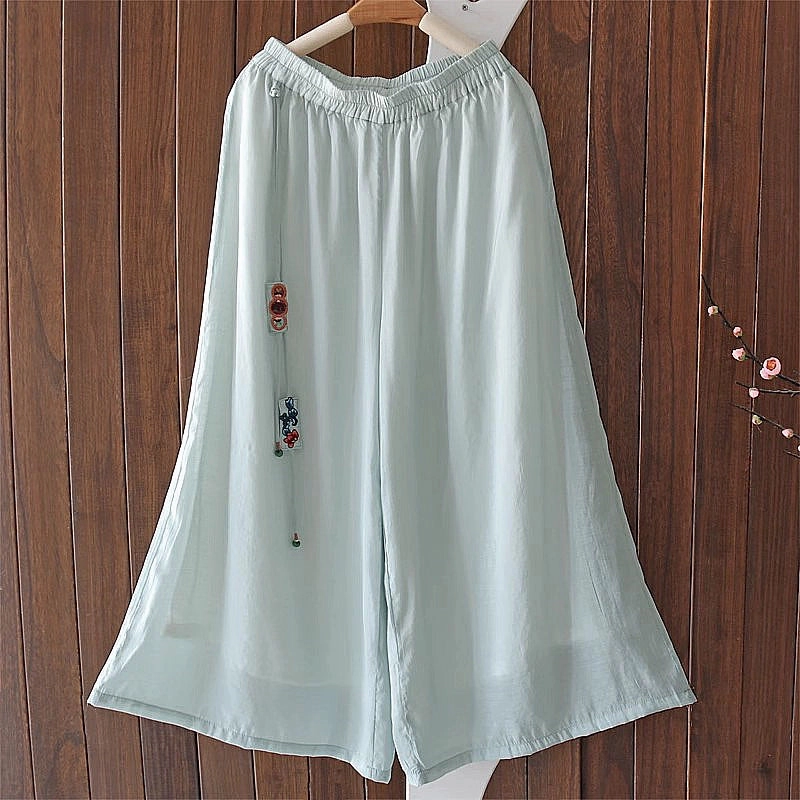 Shrink Proof Flexible Fabric Summer Retro Linen Breathable Elastic Waist Tassel Pants