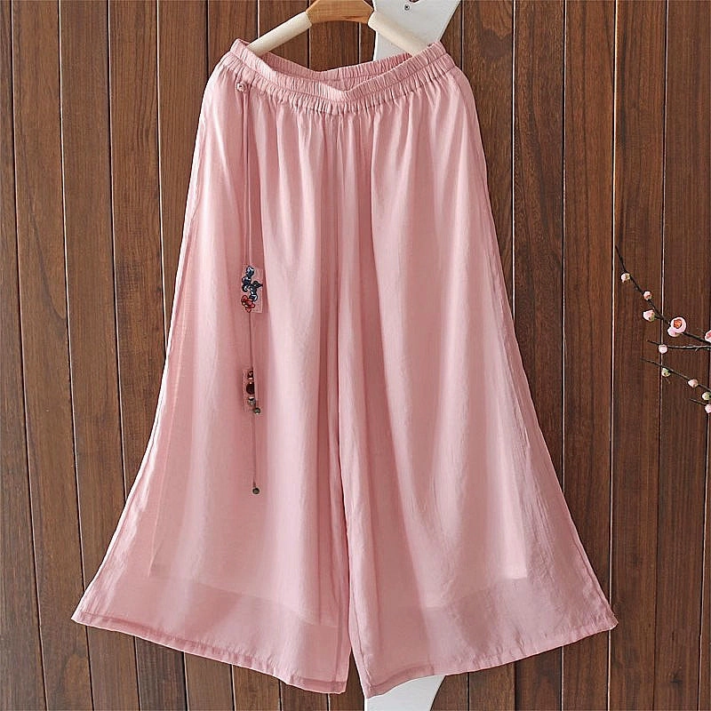 Summer Retro Linen Breathable Elastic Waist Tassel Pants Lightweight Material Abrasion Proof