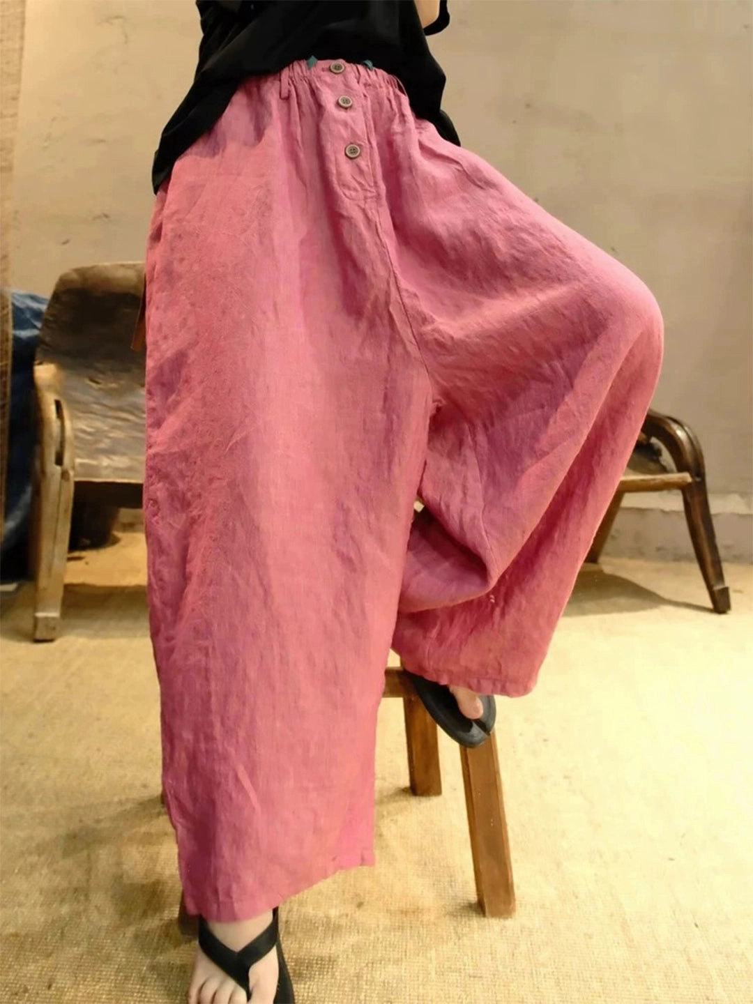 Sanitary Material Resilient material Summer Retro Linen Thin Loose High Elastic Waist Pants