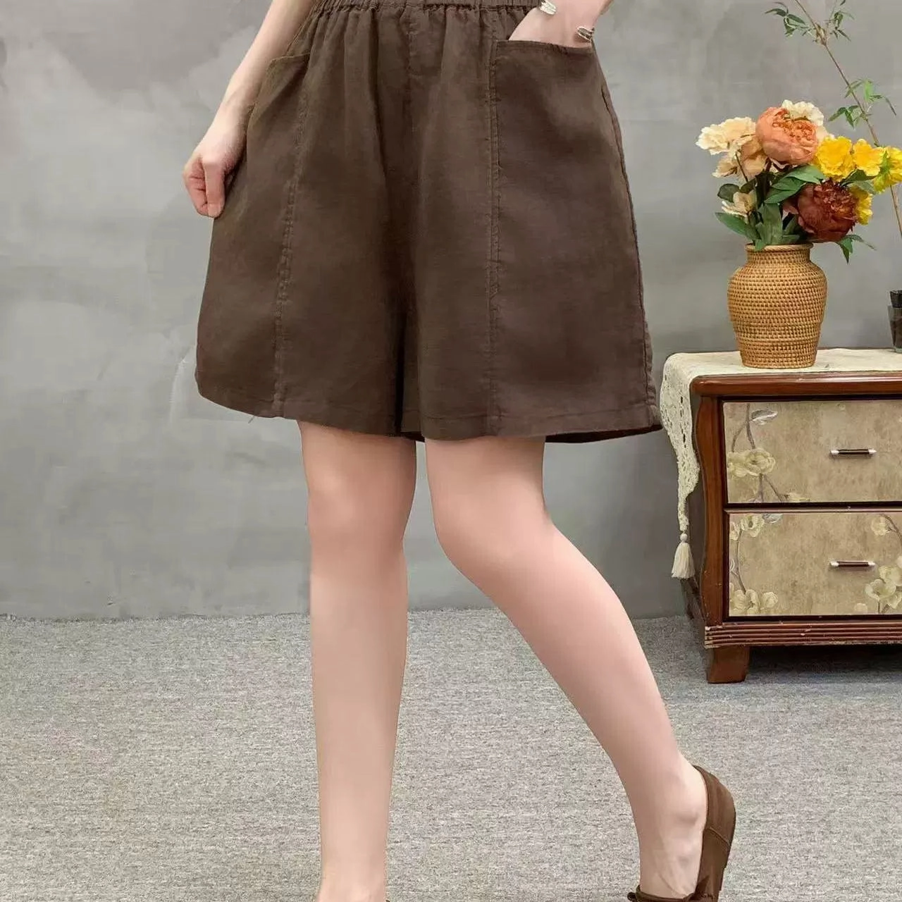 Summer Retro Ramie Comfortable High Elastic Waist Shorts Ultralight No Tag