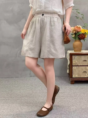 Summer Retro Ramie Comfortable High Elastic Waist Shorts skin friendly