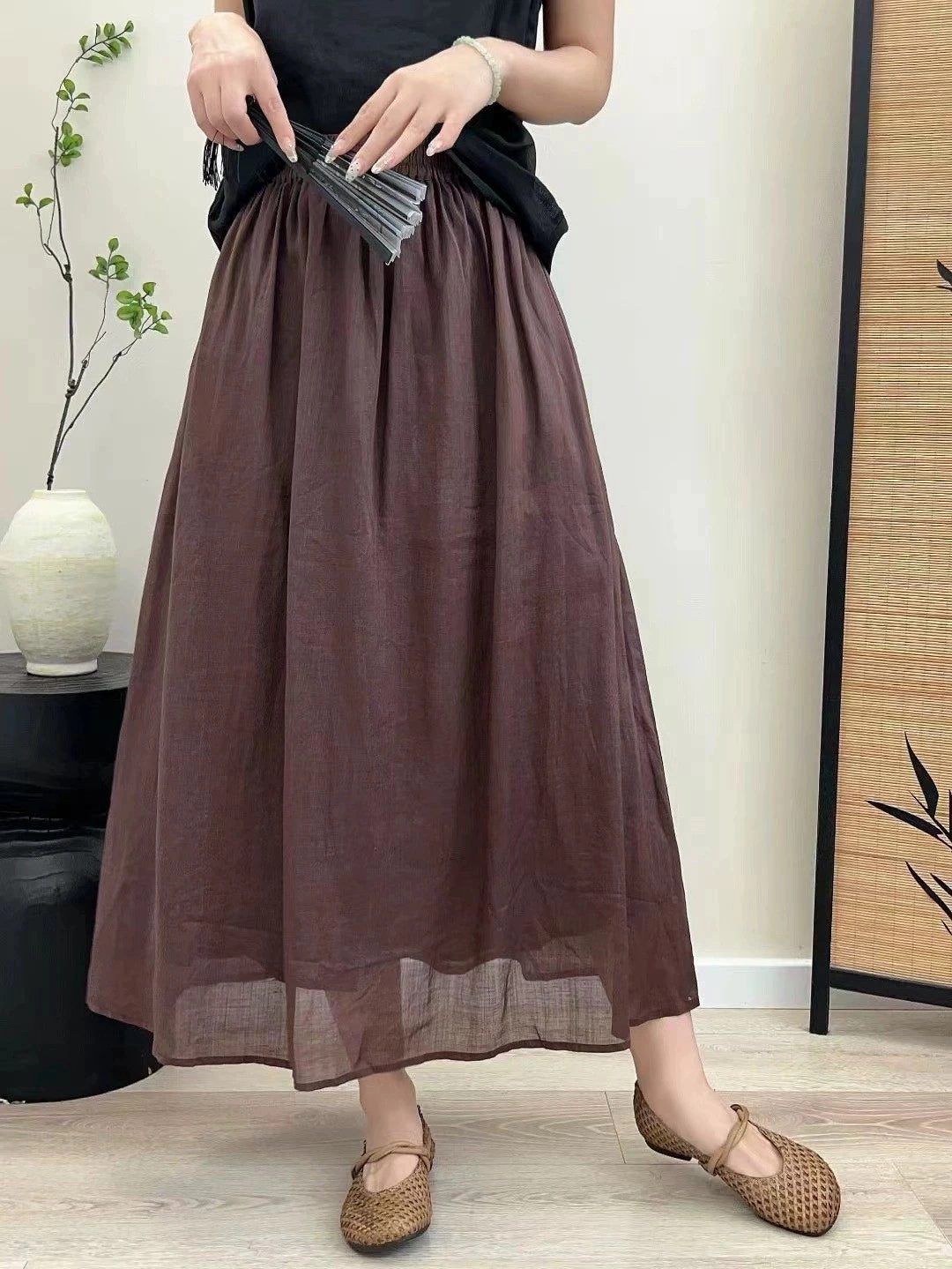 Total Comfort Gentle Waist Summer Retro Ramie Elastic Waist Loose Solid Color Skirt