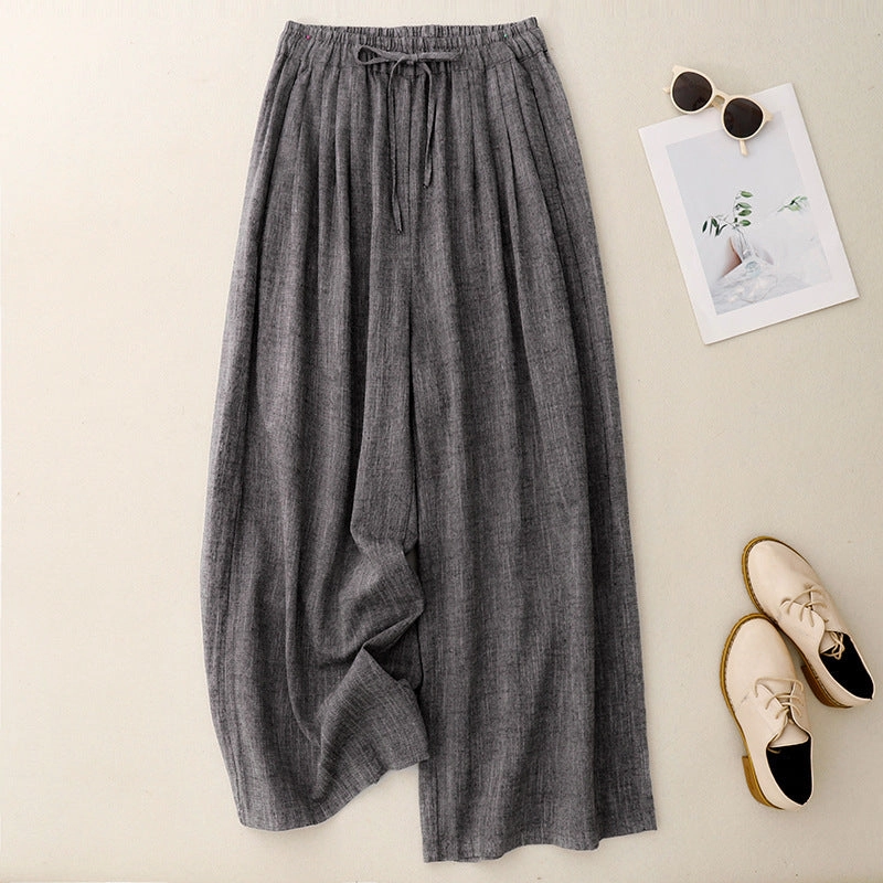 Women Textured Cotton Minimalist Elastic Waist Lace-Up Trousers Strong Seams