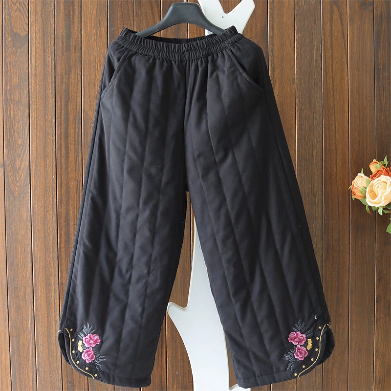 Women Winter Quilted Embroidered Warm Cotton Linen Straight-Leg Pants Shrink Free