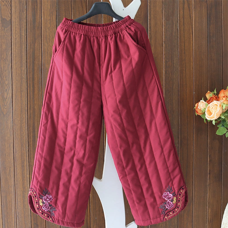 Women Winter Quilted Embroidered Warm Cotton Linen Straight-Leg Pants Temperature Regulating