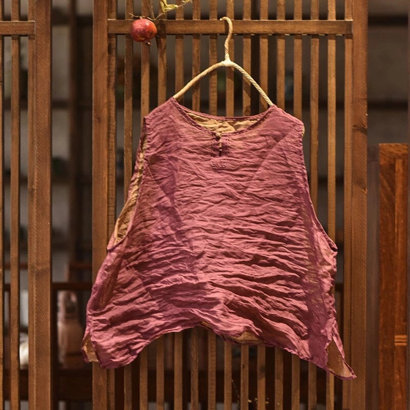 Women Spring Retro Crinkled Loose Linen Vest No Wrinkle Outdoor Activity
