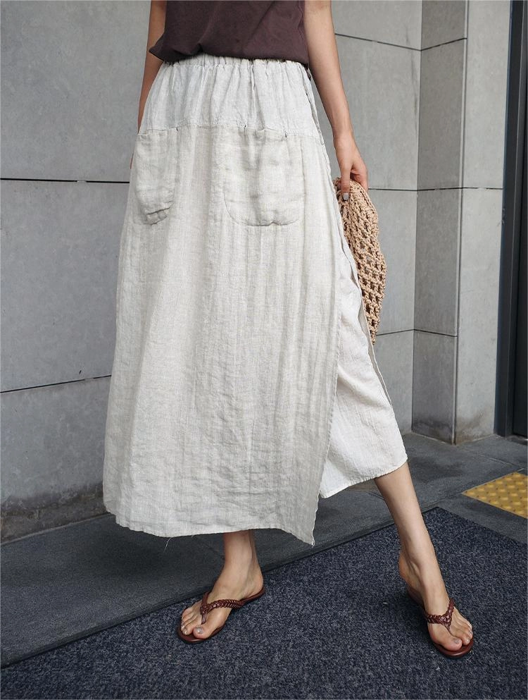 Stretchable Material Women Slit Cotton Linen Wide Leg Cropped Pants