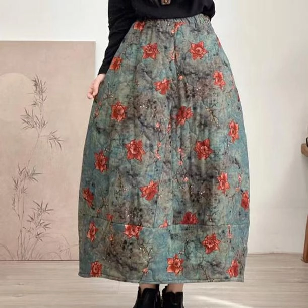 Women Winter Quilted Cotton Linen Floral A-Line Midi Skirt Secure Closure Smooth Finish