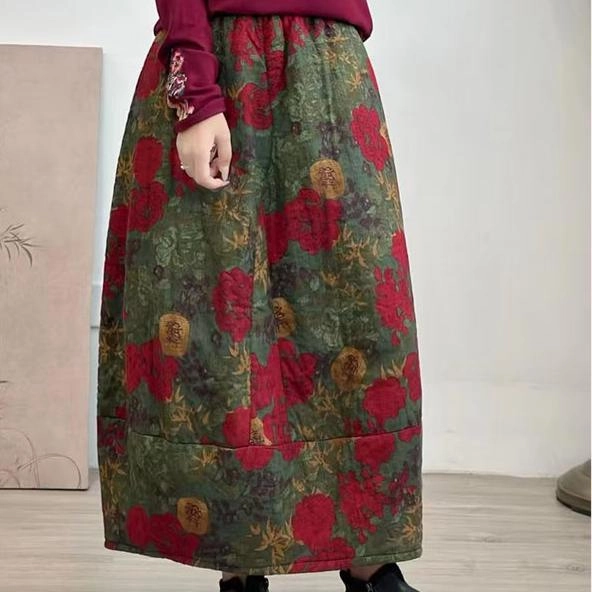 Women Winter Quilted Cotton Linen Floral A-Line Midi Skirt Secure Pockets Shrink resistant