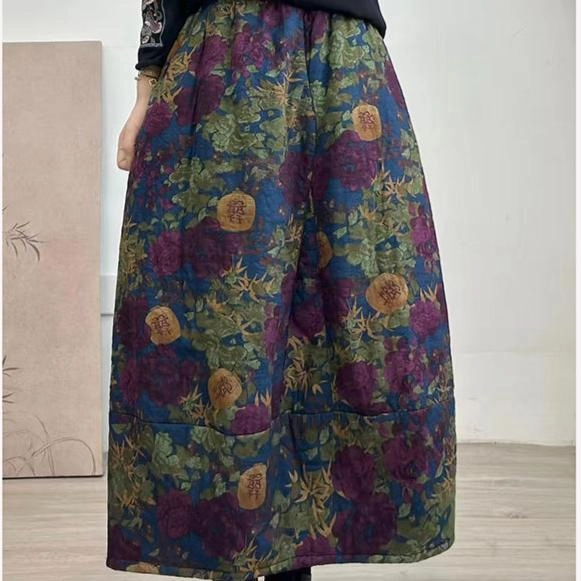 Women Winter Quilted Cotton Linen Floral A-Line Midi Skirt Ideal Fit