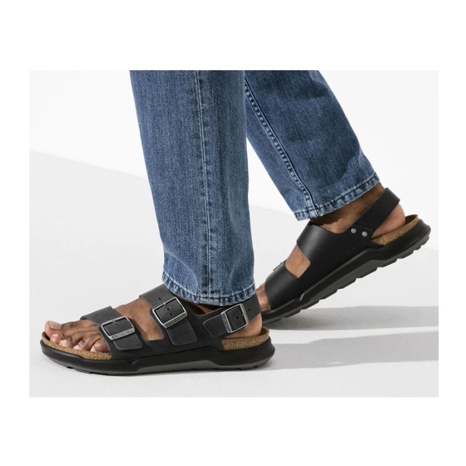 Bold Tone Neat Appearance Birkenstock Milano Rugged Backstrap Sandal (Men) - Black Oiled Leather