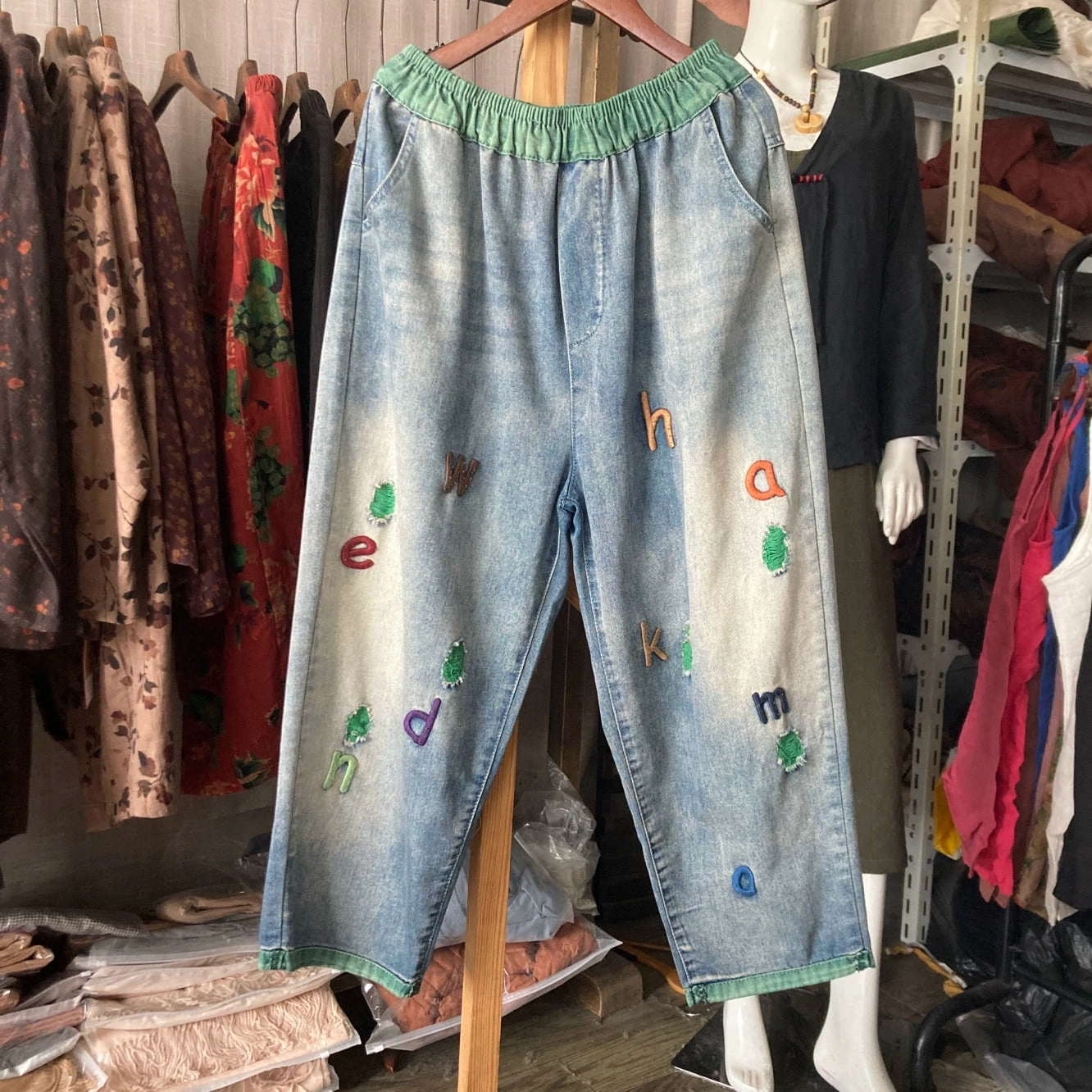 No Rubbing hypoallergenic Autumn Retro Denim Patchwork Letters Embroidered Loose Jeans