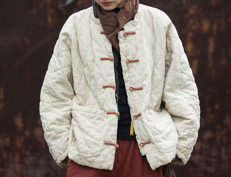 Winter Diamond Quilted Padded Ramie Cotton Coat for Women Reversible Style