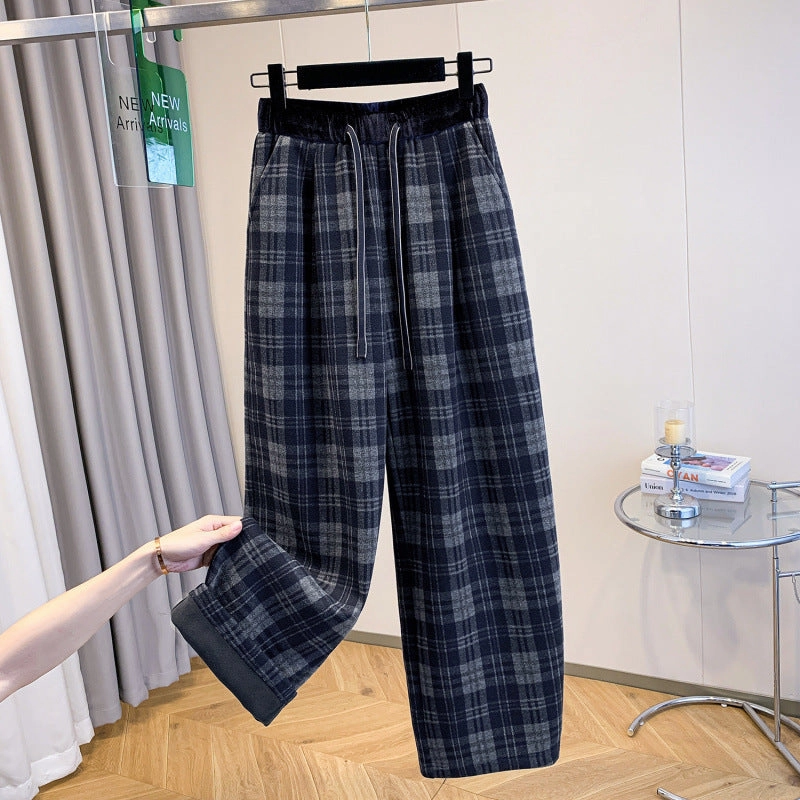 Retro Casual Minimalist Plaid Wide Leg Knit Loose Fit Trousers Fresh Fabric