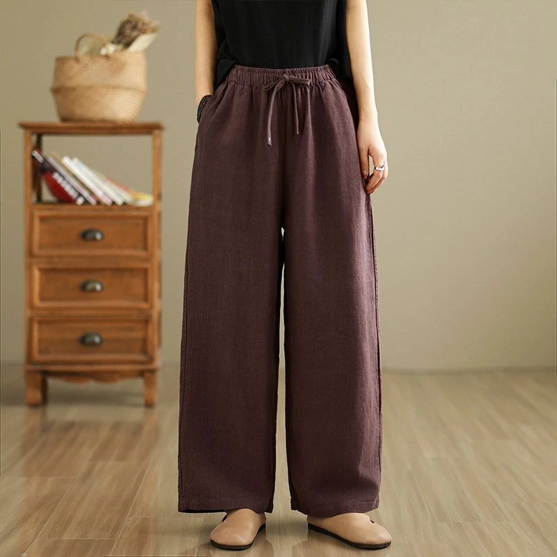 All-day Comfort Retro Solid Color High Waist Comfy Linen Pants for Women
