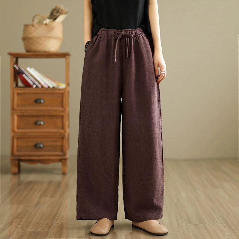 Sturdy Construction Cooling Fabric Retro Solid Color High Waist Comfy Linen Pants for Women