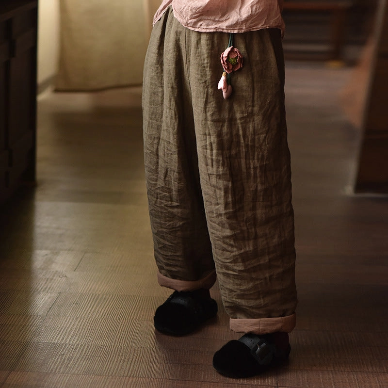 Winter Retro Linen Washed Casual Warm Harem Pants Smooth Feel
