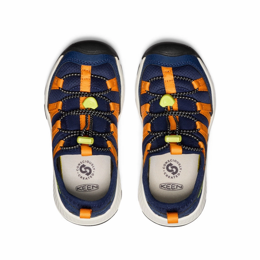 adventurers Impact Resistant Toe Little Kids' Motozoa Sneaker  |  Naval Academy/Bright Marigold