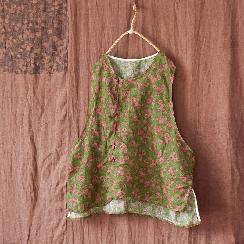 UV Protective All Weather Performance Women Retro Floral Printed Ramie Vest