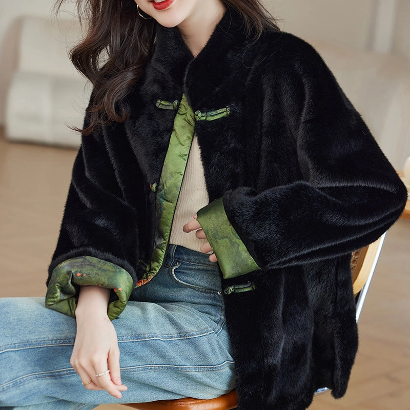 Traditional Chinese Style Elegant Warm Faux Fur Coat with Quilted Green Lining DoubleStitchSeams Multi Layer Design