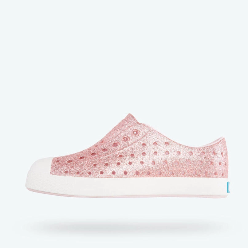 Soft Leather Finish Ankle Stability Native Kids Jefferson BLING Sandals Shoes - Milk Pink Bling / Shell White